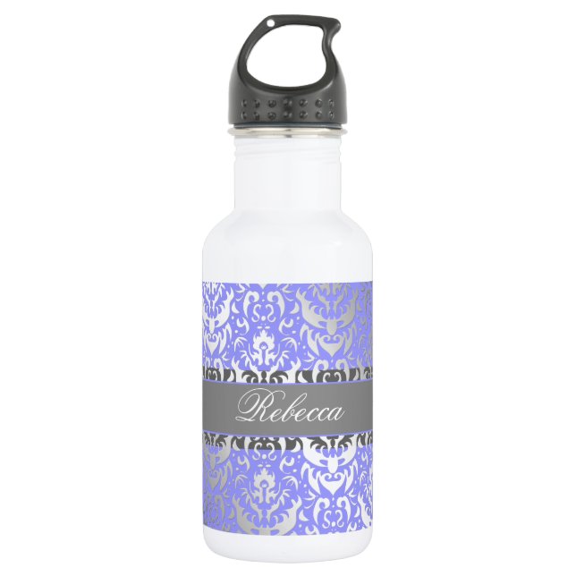 Bouteille D'eau Purple Faux Shimmer Argent Damask avec votre nom (Devant)