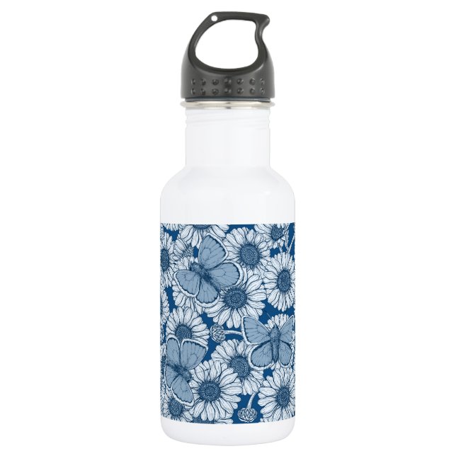 Bouteille D'eau Ressort bleu, fleurs sauvages, marguerites (Devant)