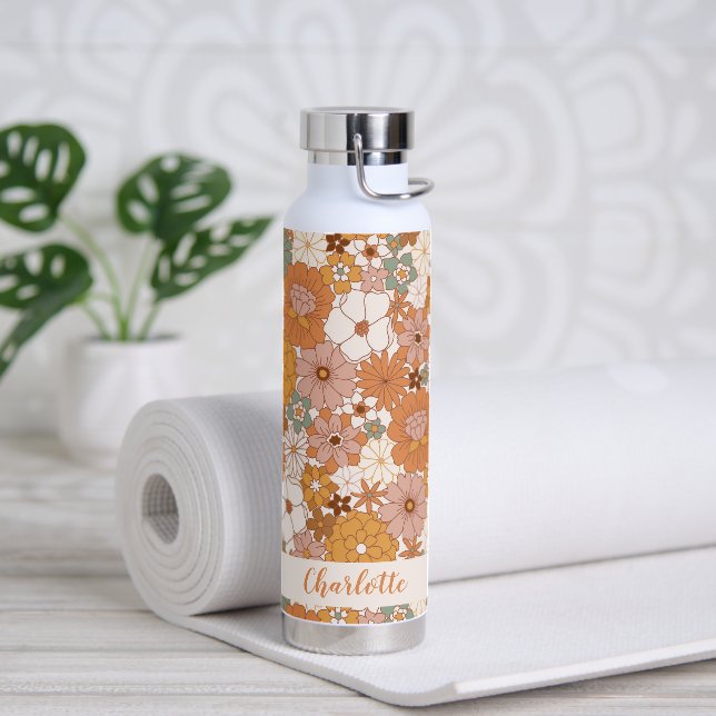 Bouteille D'eau Retro Terracotta Boho Floral Nom personnalisé (Yoga)