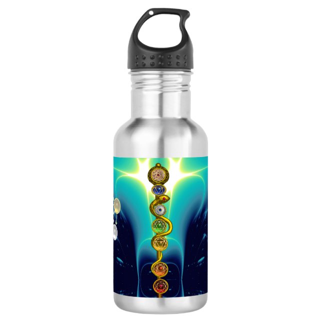 BOUTEILLE D'EAU RODE D'ASCLEPIUS 7 CHAKRAS, YOGA, ÉNERGIE SPIRITUE (Devant)