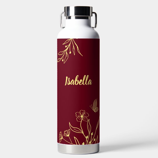 Bouteille D'eau Romantique élégant floral bordeaux  (Avant)