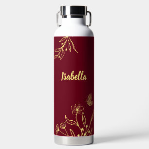 Bouteille D'eau Romantique élégant floral bordeaux or 