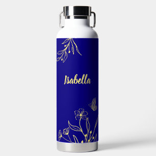 Bouteille D'eau Romantique élégant or floral bleu royal 