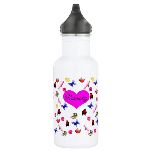 Bouteille D'eau Romarin, Nom, Avec Lapins, Papillons, Oiseaux, (Droite)
