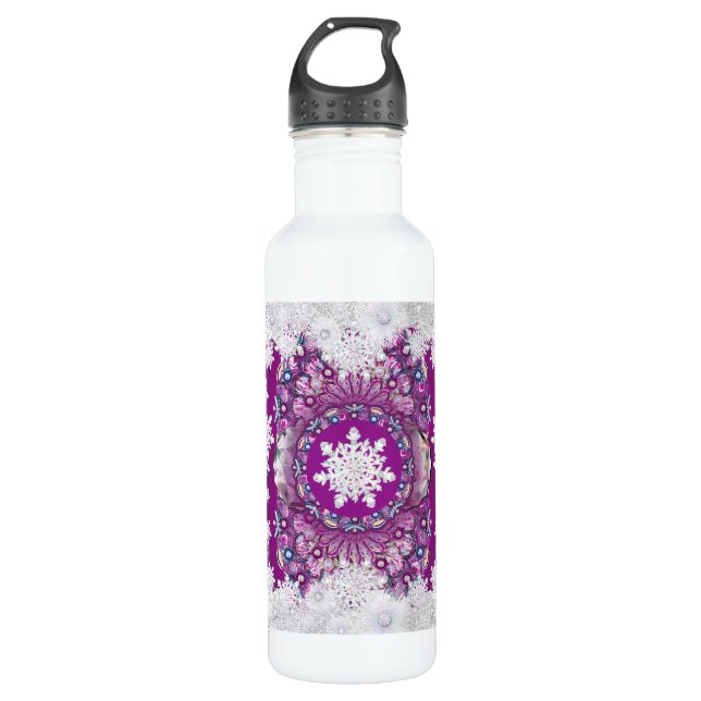 Bouteille D'eau Rosace rouge cardinale et flocon de neige (Devant)