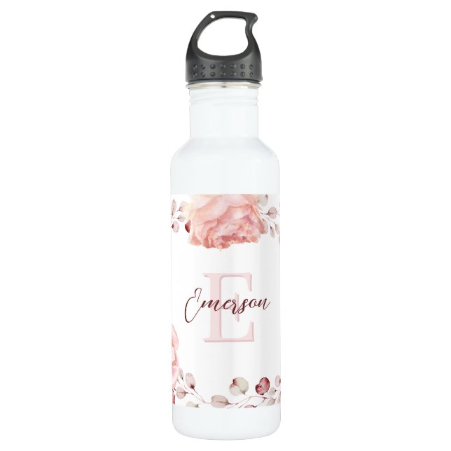 Bouteille D'eau Rose d'aquarelle Wreath personnalisée | BLANCHE (Devant)