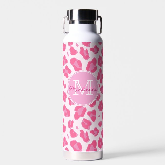 Bouteille D'eau Rose élégant sur Empreinte de léopard rose | Monog (Avant)
