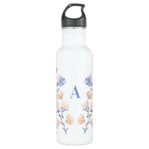 Bouteille D'eau Rose et violet   Monogramme de fleurs d'aquarelle