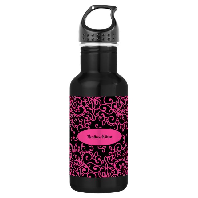 Bouteille d'eau rose noire avec nom (Devant)