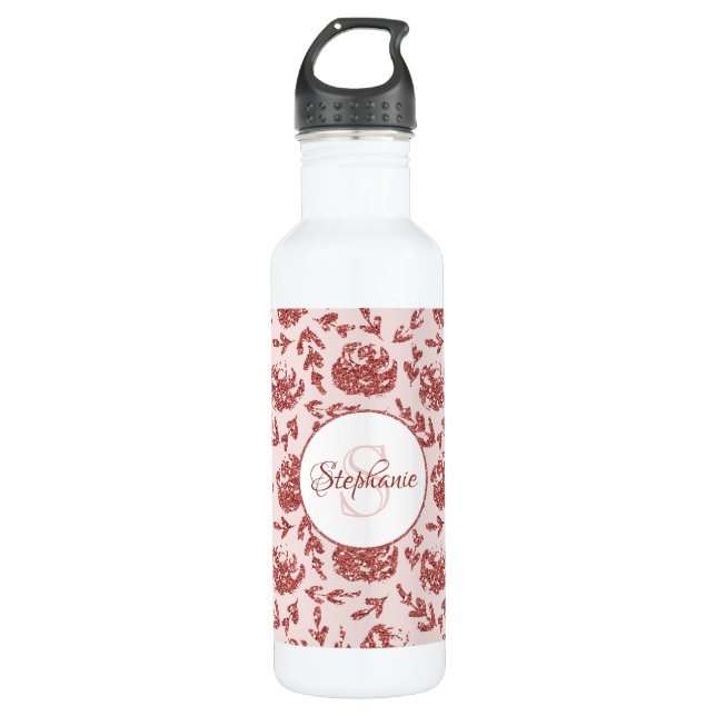 Bouteille D'eau Rose Parties scintillant or Floral Monogramme Pers (Devant)