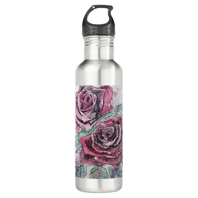 Bouteille D'eau Rose rouge Fleurs d'aquarelle peinture florale (Devant)