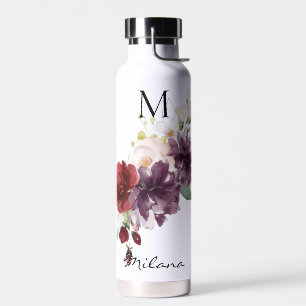 Bouteille D'eau Roses rouges et prunes aquarelle florale avec mono