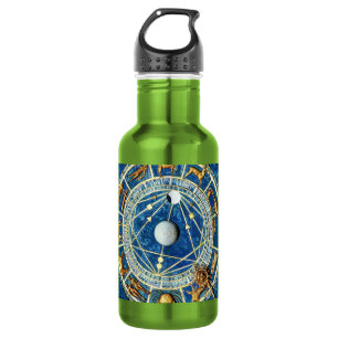 Bouteille D'eau Roue céleste du zodiaque bleu et or signes astrolo