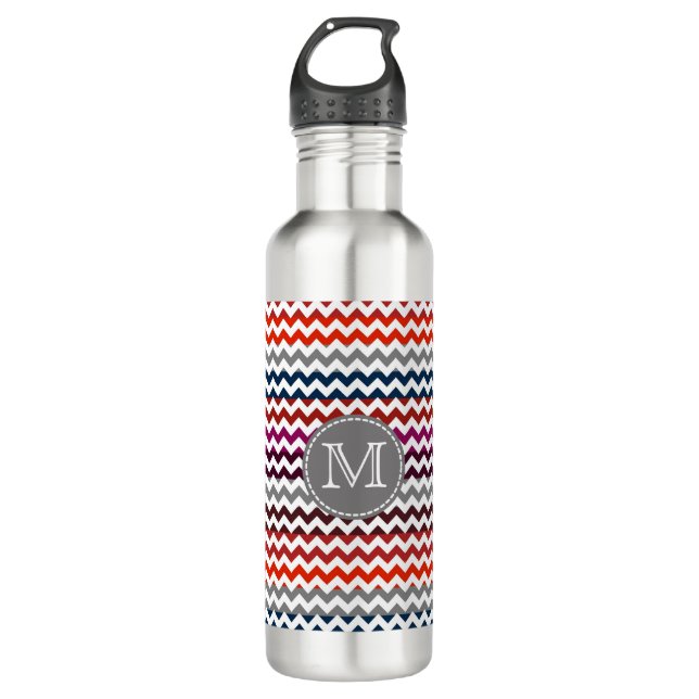 Bouteille D'eau Rouge blanc gris Chevron Zigzag Monogramme (Devant)