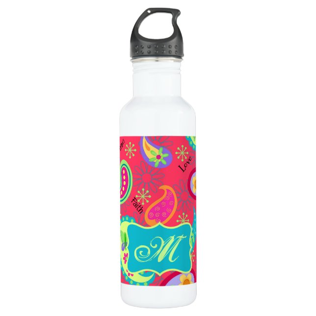 Bouteille D'eau Rouge Turquoise moderne Paisley Motif Monogramme (Devant)