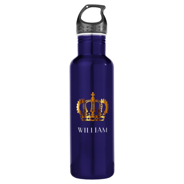 Bouteille D'eau Royal Gold Couronne Nom Customisé Bleu (Devant)