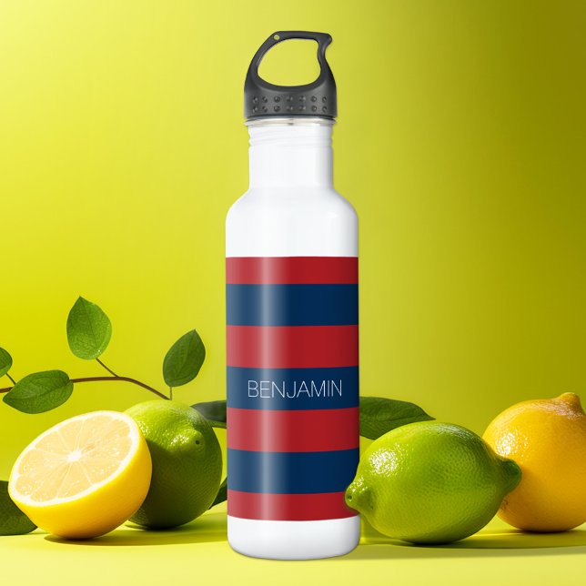 Bouteille D'eau Rugby bleu marine et rouge avec nom personnalisé (Personalized water bottle - sports design)