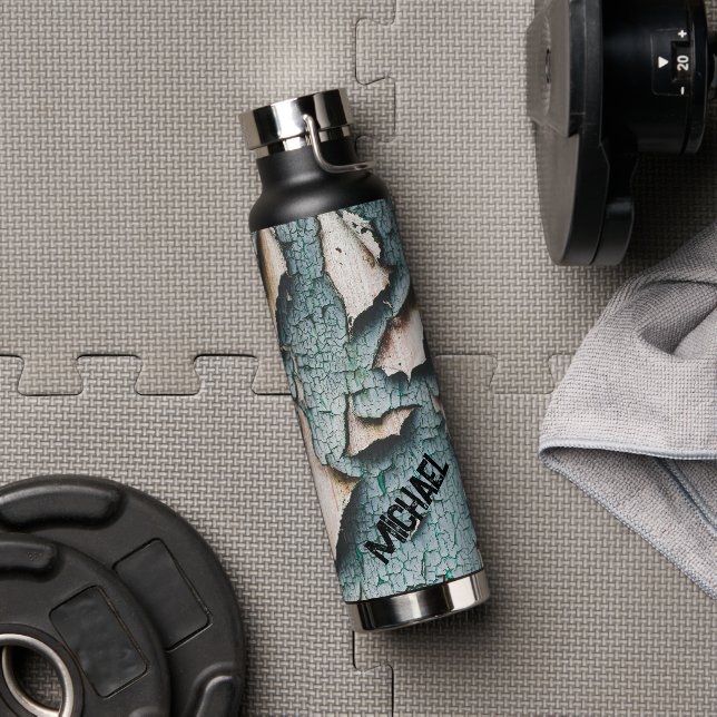 Bouteille D'eau Rustique vieux bleu vert peinture bois Nom personn (Couvercle)