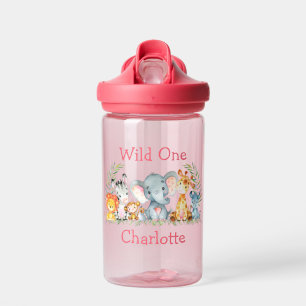 Bouteille D'eau Sauvage Un 1er Anniversaire Safari Animaux Rose