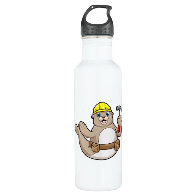 Bouteille D'eau Sceller comme charpentier avec marteau et Casquett (Devant)