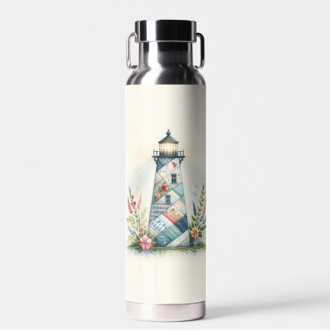 Bouteille D'eau Scène florale côtière du phare patchwork (Avant)