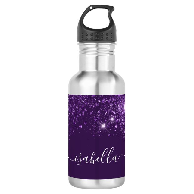 Bouteille D'eau Script de nom de parties scintillant violet (Devant)