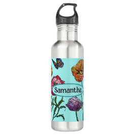 Bouteille D'eau Shabby Poppy Red Purple sur Aqua Nom personnalisab