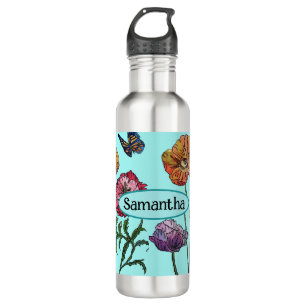 Bouteille D'eau Shabby Poppy Red Purple sur Aqua Nom personnalisab