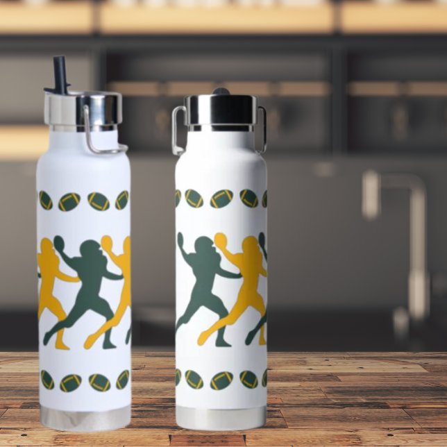 Bouteille D'eau Silhouette du joueur de football Gold & Green (Créateur téléchargé)