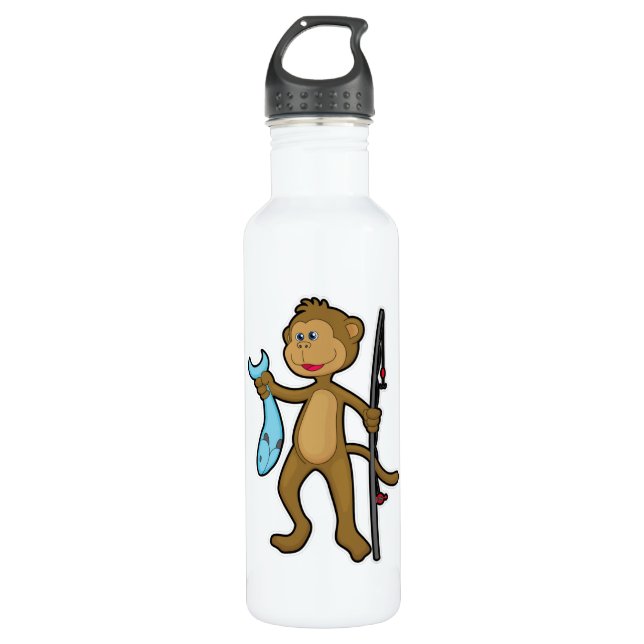 Bouteille D'eau Singe à la pêche avec bâton de pêche et poisson (Devant)