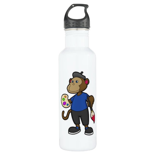 Bouteille D'eau Singe comme peintre avec peinture et pinceau (Devant)