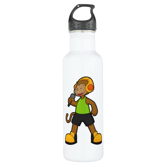 Bouteille D'eau Singe en chanteur avec microphone et casque (Devant)
