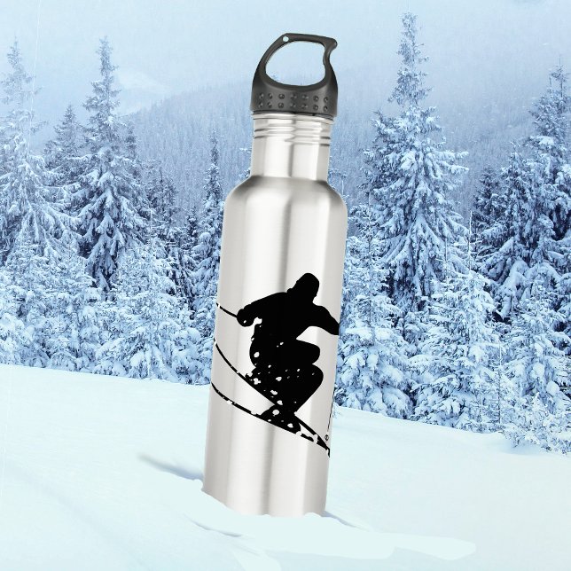 Bouteille D'eau Skier de neige Silhouette Noir Personnalisé (Créateur téléchargé)