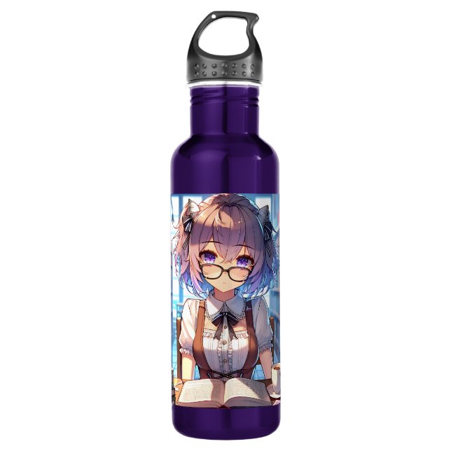 Bouteille D'eau Smart Anime Girl in Library Reading Books (Devant)