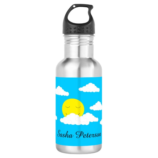 Bouteille D'eau Soleil souriant avec nuages : (Devant)