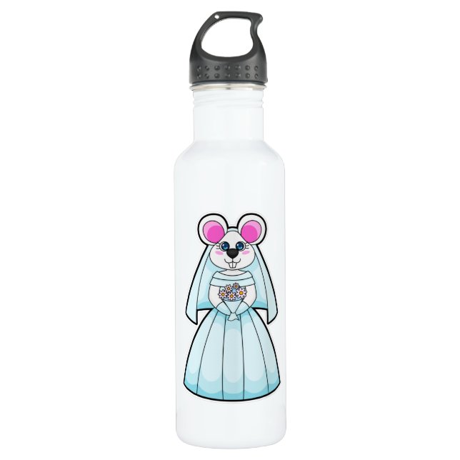 Bouteille D'eau Souris comme mariée avec bouquet de fleurs (Devant)