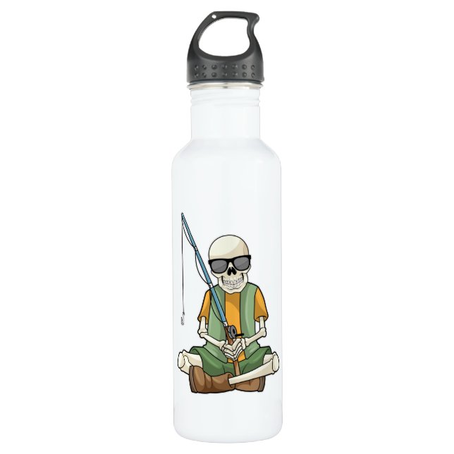 Bouteille D'eau Squelette à la pêche avec canne à pêche (Devant)