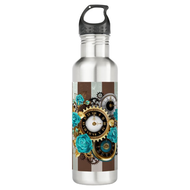 Bouteille D'eau Steampunk Clock and Turquoise Roses on Striped (Devant)