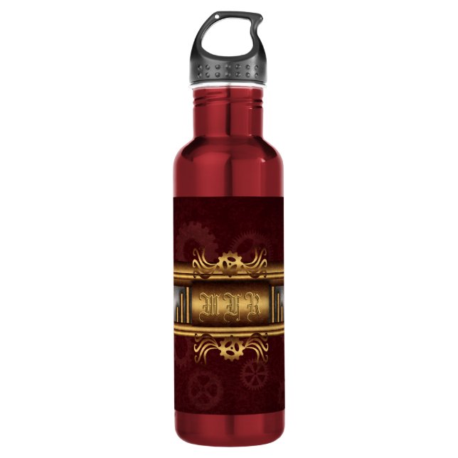 Bouteille D'eau Steampunk, laiton et marron avec monogramme (Devant)