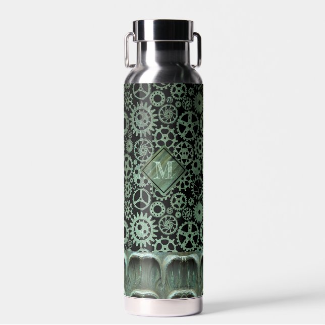 Bouteille D'eau Steampunk Verdigris bronze engrenages Monogramme p (Avant)