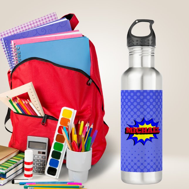 Bouteille D'eau Superhero Kids Comic Book Nom personnalisé (Créateur téléchargé)