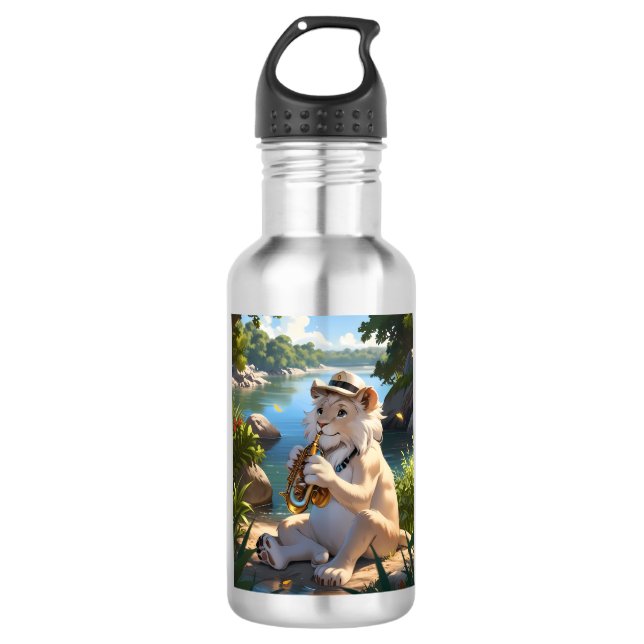 Bouteille D'eau T-shirt Saxophoniste Lion Blanc (Devant)
