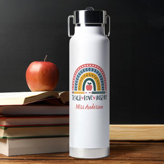 Bouteille D'eau Teach Love Inspire Rainbow Teacher Appreciation (A cute boho rainbow teacher appreciation water bottle. Personalize it with your teachers name.)