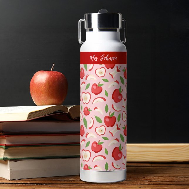Bouteille D'eau Teacher Appreciation Thank You Gift (A cute apple pattern teacher appreciation water bottle. Personalize it with your teachers name.)