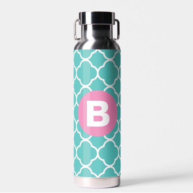 Bouteille D'eau Teal Quatrefoil Pattern Custom Pink Monogram (Avant)