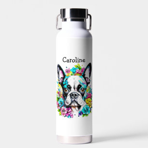 Bouteille D'eau Terrier de Boston entouré de fleurs personnalisées