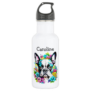 Bouteille D'eau Terrier de Boston entouré de fleurs personnalisées