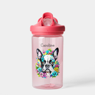 Bouteille D'eau Terrier de Boston entouré de fleurs personnalisées