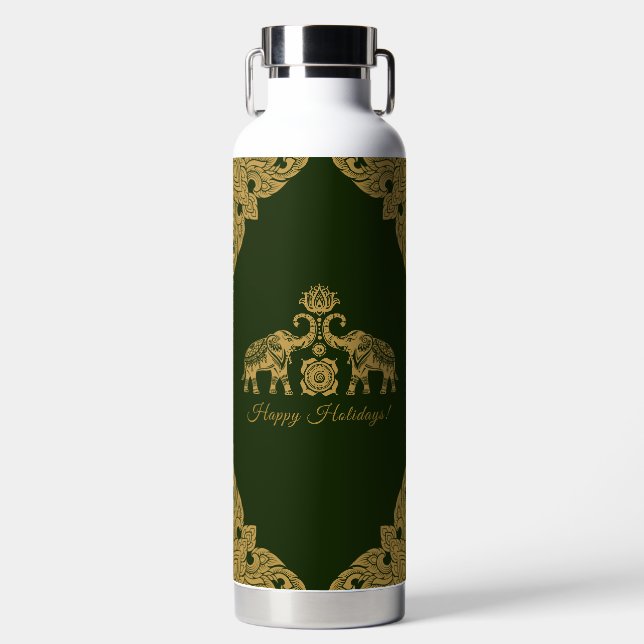 Bouteille D'eau Thaïlande Elephant Joyeux Vacances Cadeau Or & Ver (Avant)