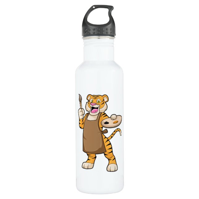 Bouteille D'eau Tigre à la peinture avec peinture et pinceau (Devant)
